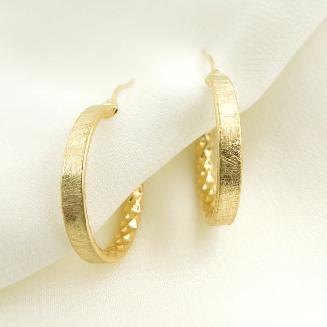 GER89. 14K Gold Diamond Cut Hollow Hoop Earrings with Texture - Image 7