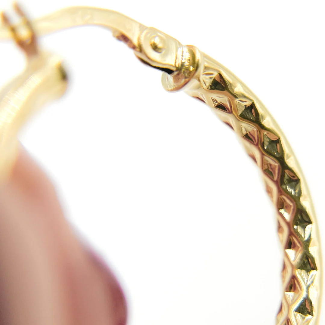 GER89. 14K Gold Diamond Cut Hollow Hoop Earrings with Texture - Image 9