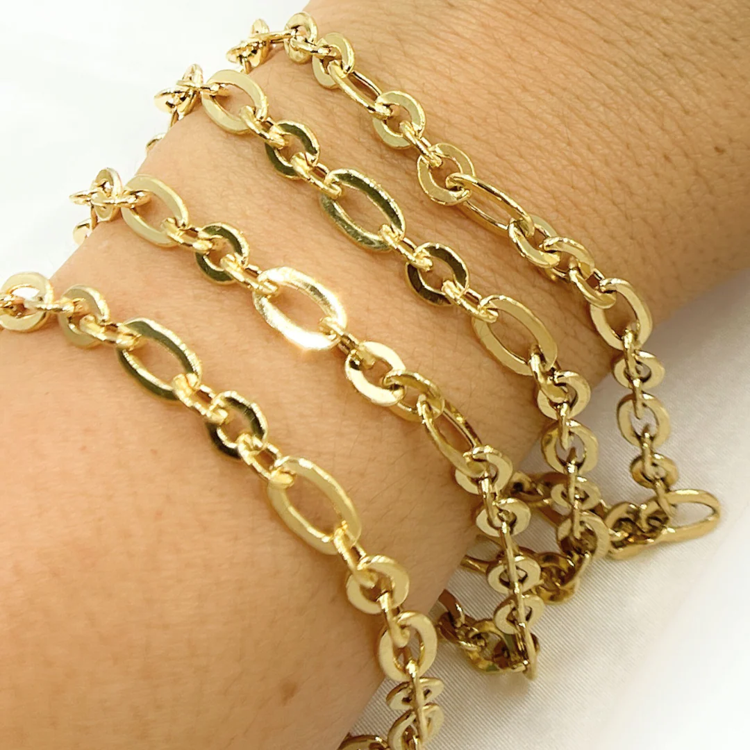 V61GP. Gold Plated 925 Sterling Silver Short & Long Flat Oval Link Chain - Image 4