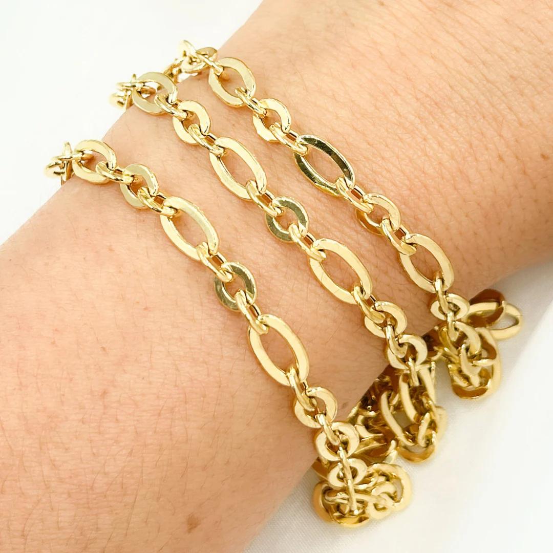 V61GP. Gold Plated 925 Sterling Silver Short & Long Flat Oval Link Chain - Image 6