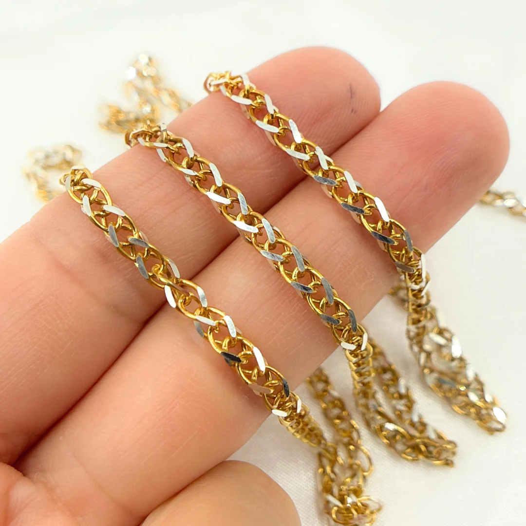 X8GS. Two Tone Gold Plated and White 925 Sterling Silver Wheat Chain