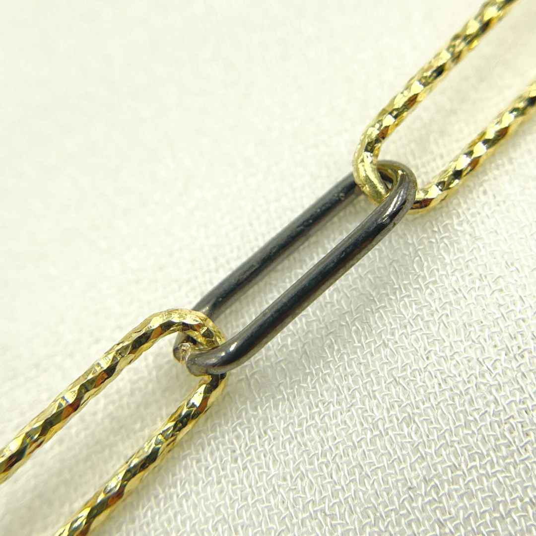 V3GB1. Gold Plated & Black Rhodium Sterling Silver Diamond Cut & Smooth Paperclip Chain - Image 3