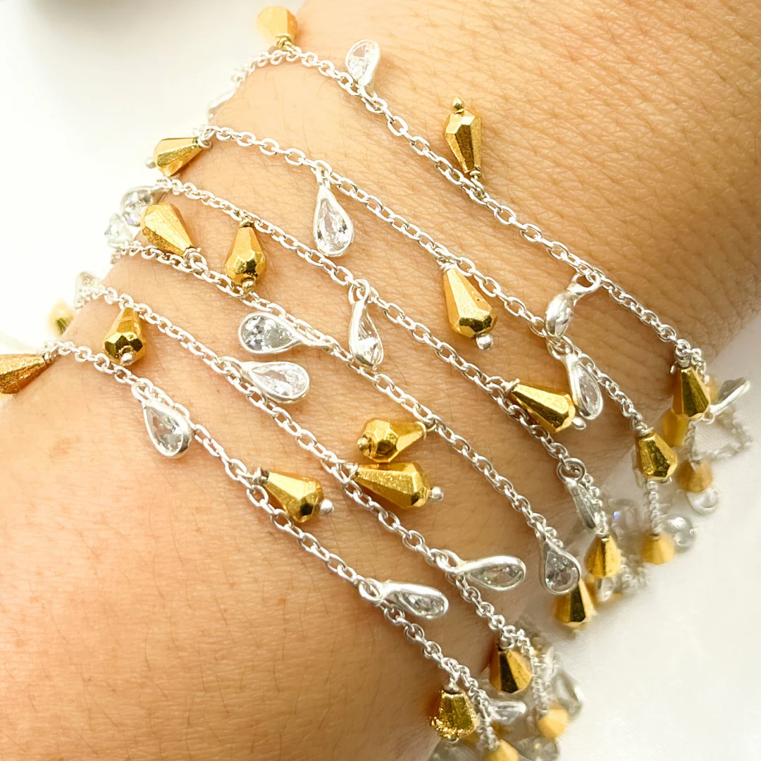 Golden Pyrite Drop & CZ Pear Shape Dangle 925 Sterling Silver Wire Chain. PYR29 - Image 2