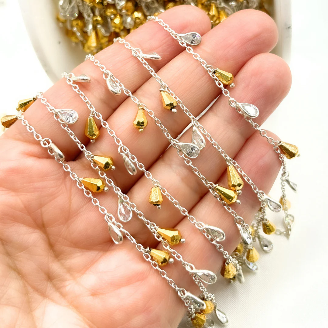 Golden Pyrite Drop & CZ Pear Shape Dangle 925 Sterling Silver Wire Chain. PYR29 - Image 3