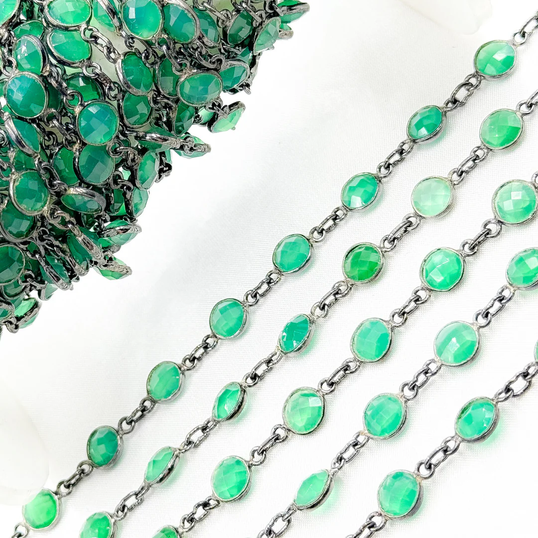 Green Onyx Round Shape Bezel Oxidized 925 Sterling Silver Wire Chain. ON7 - Image 5