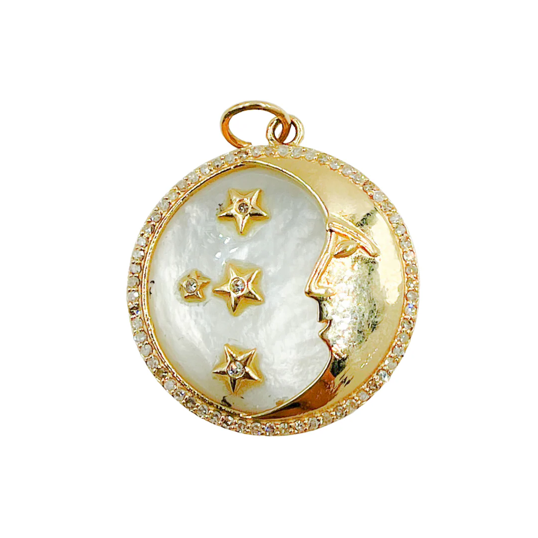 KG134. 14K Solid Gold Circle Charm with Moon & Stars - Image 3