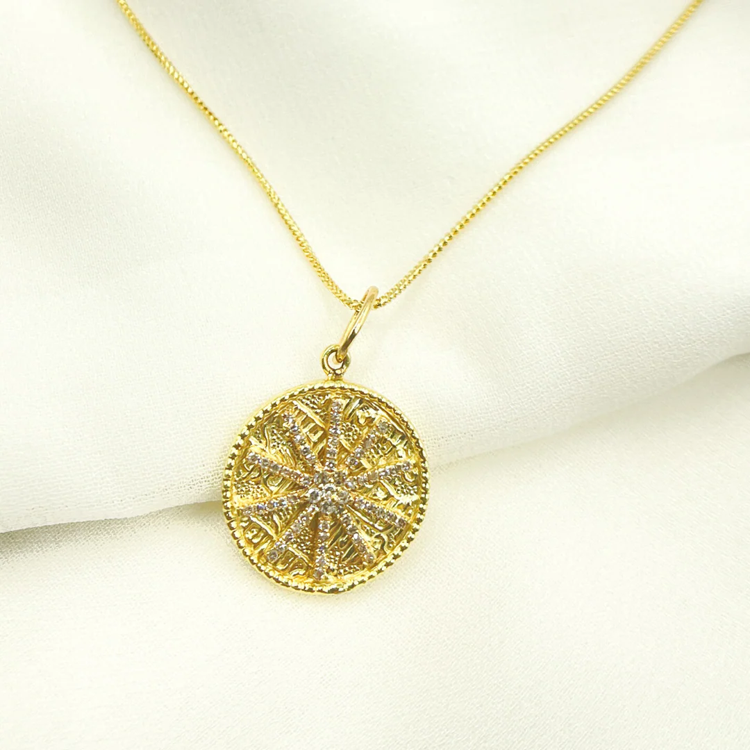 14K Solid Gold with Diamonds Circle Shape Charm with Star in the Center. KG27 - Image 2