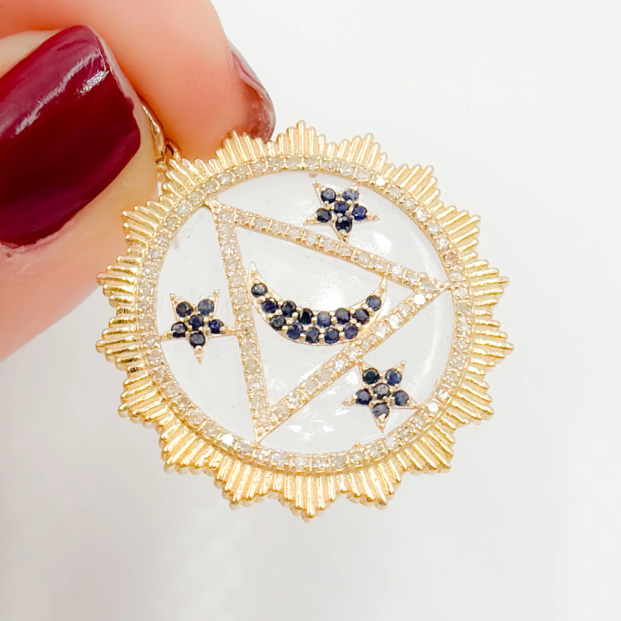 KG306. 14K Solid Gold Round Moon and Stars Pendant - Image 6