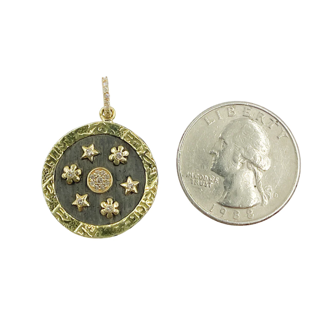 KSG03. Sterling Silver Black Rhodium with Diamonds Circle Shape Charm with Flowers and Stars in the Center - Image 2