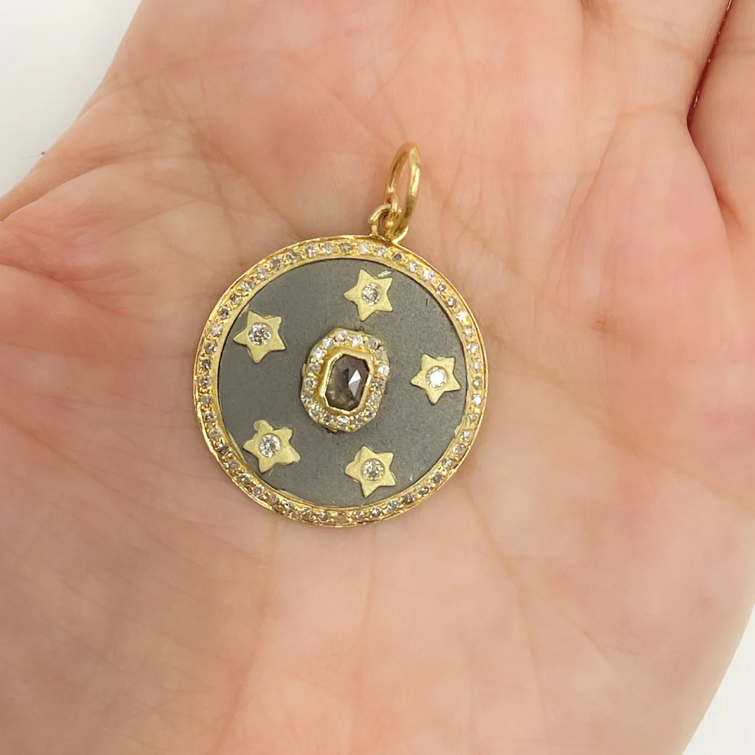 KSG40. Sterling Silver Black Rhodium with Diamonds Circle Shape Charm with Stars in the Center - Image 4