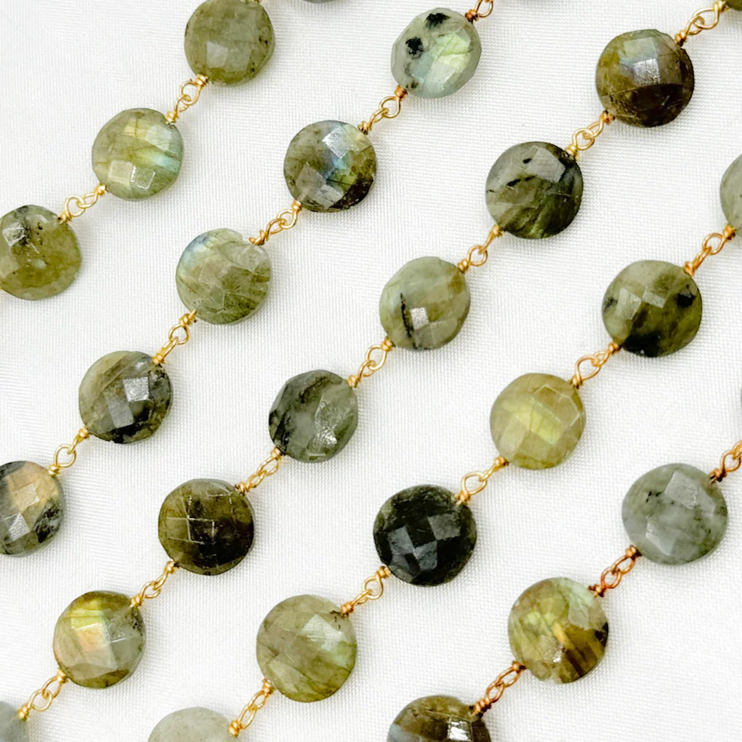 Labradorite Coin Shape Gold Plated 925 Sterling Silver Wire Chain. LAB124