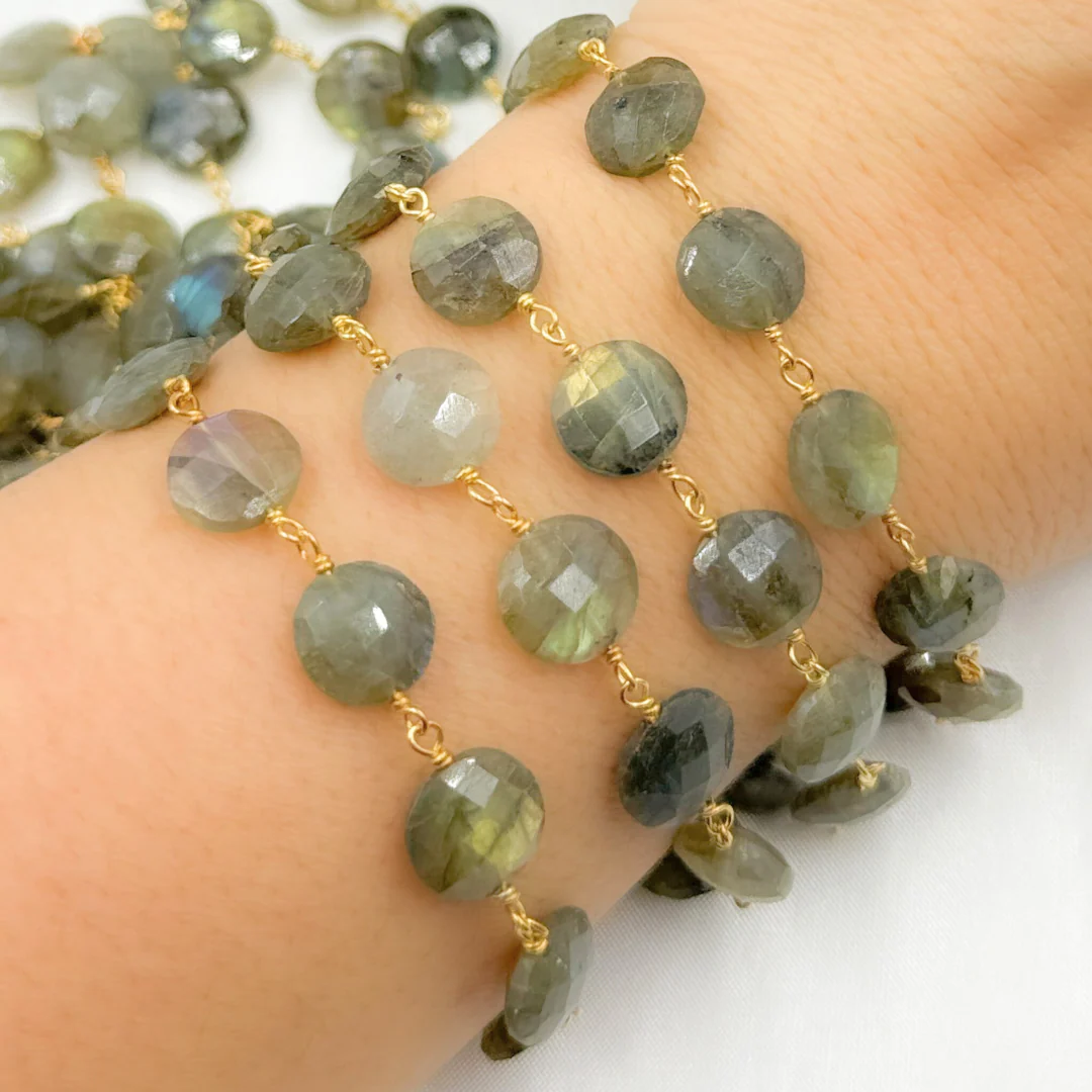 Labradorite Coin Shape Gold Plated 925 Sterling Silver Wire Chain. LAB124 - Image 2