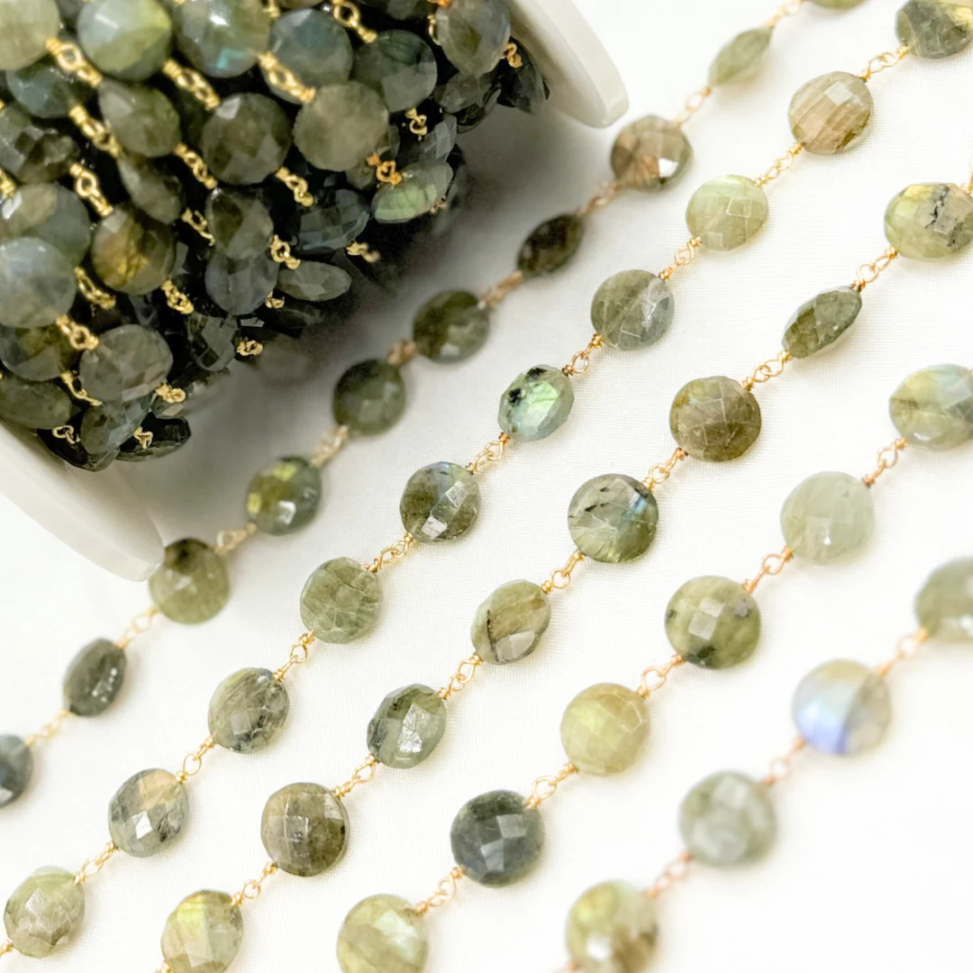 Labradorite Coin Shape Gold Plated 925 Sterling Silver Wire Chain. LAB124 - Image 3