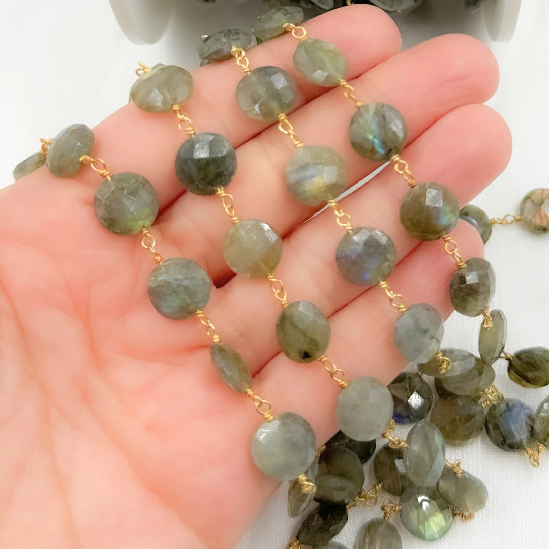 Labradorite Coin Shape Gold Plated 925 Sterling Silver Wire Chain. LAB124 - Image 4
