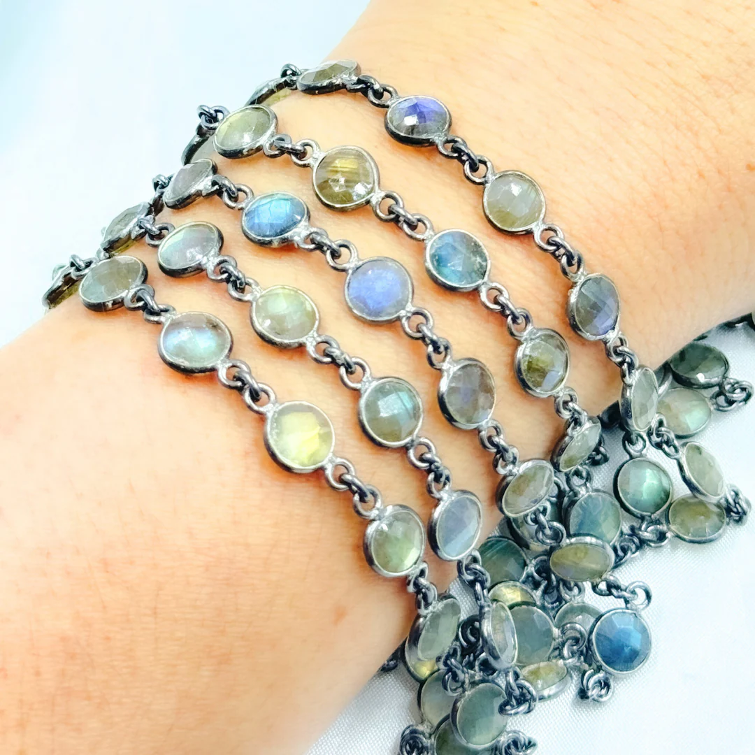 Labradorite Round Shape Bezel Oxidized 925 Sterling Silver Wire Chain. LAB24 - Image 4