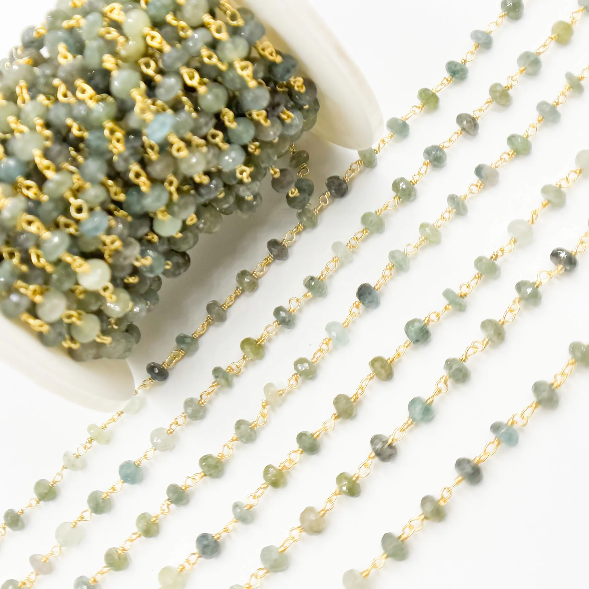 MOAQ3. Gold Plated Sterling Silver Moss Aquamarine Wire Chain - Image 4