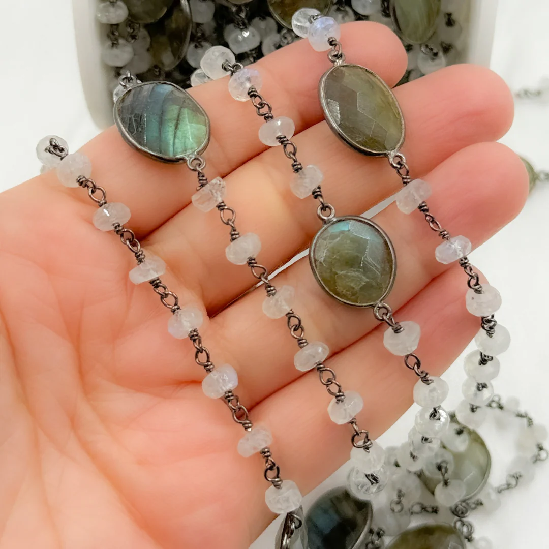 Rondel Moonstone & Coin Labradorite Oxidized 925 Sterling Silver Wire Chain. MS73 - Image 3