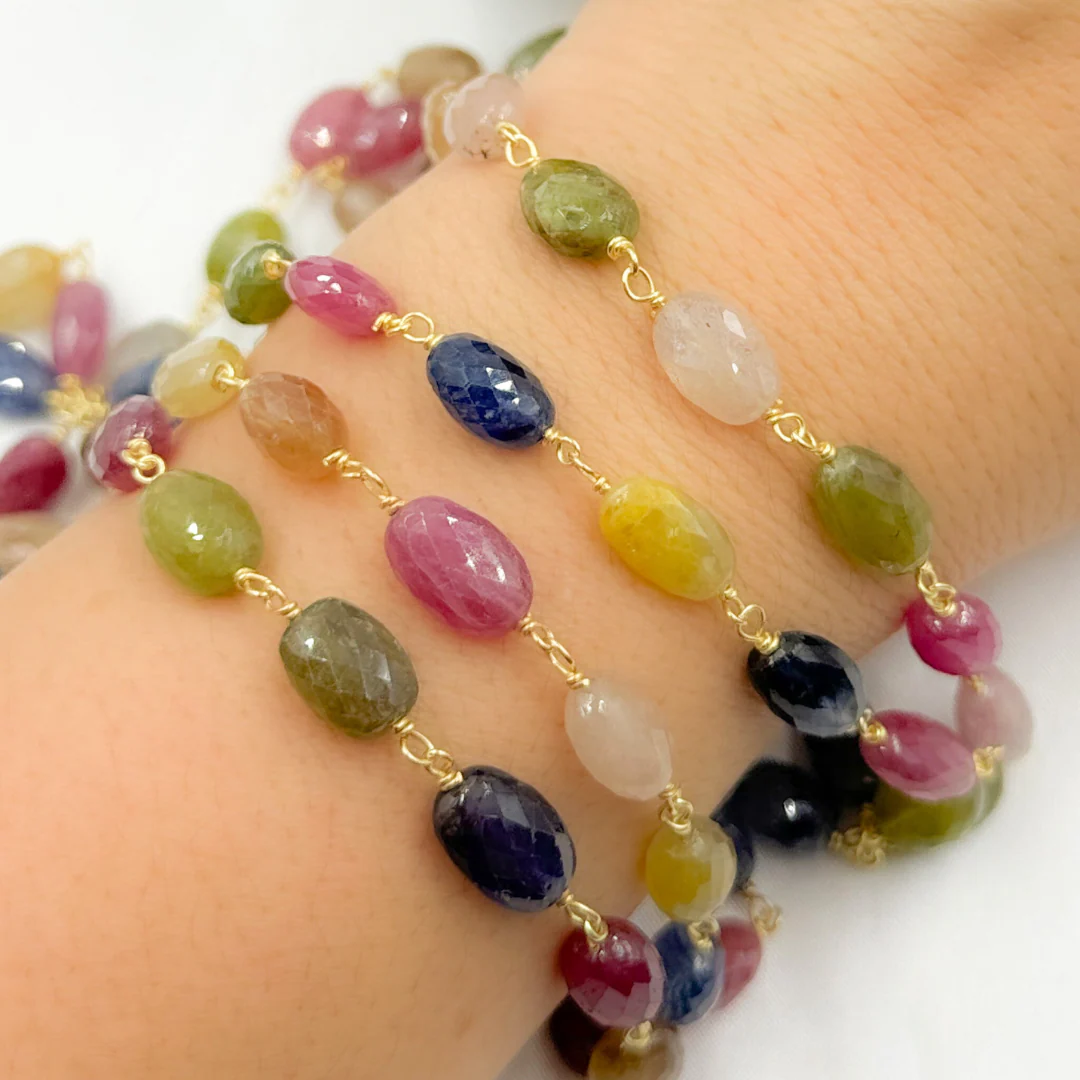Multi Sapphire Rondel Faceted Gold Plated 925 Sterling Silver Wire Chain.  MSA38