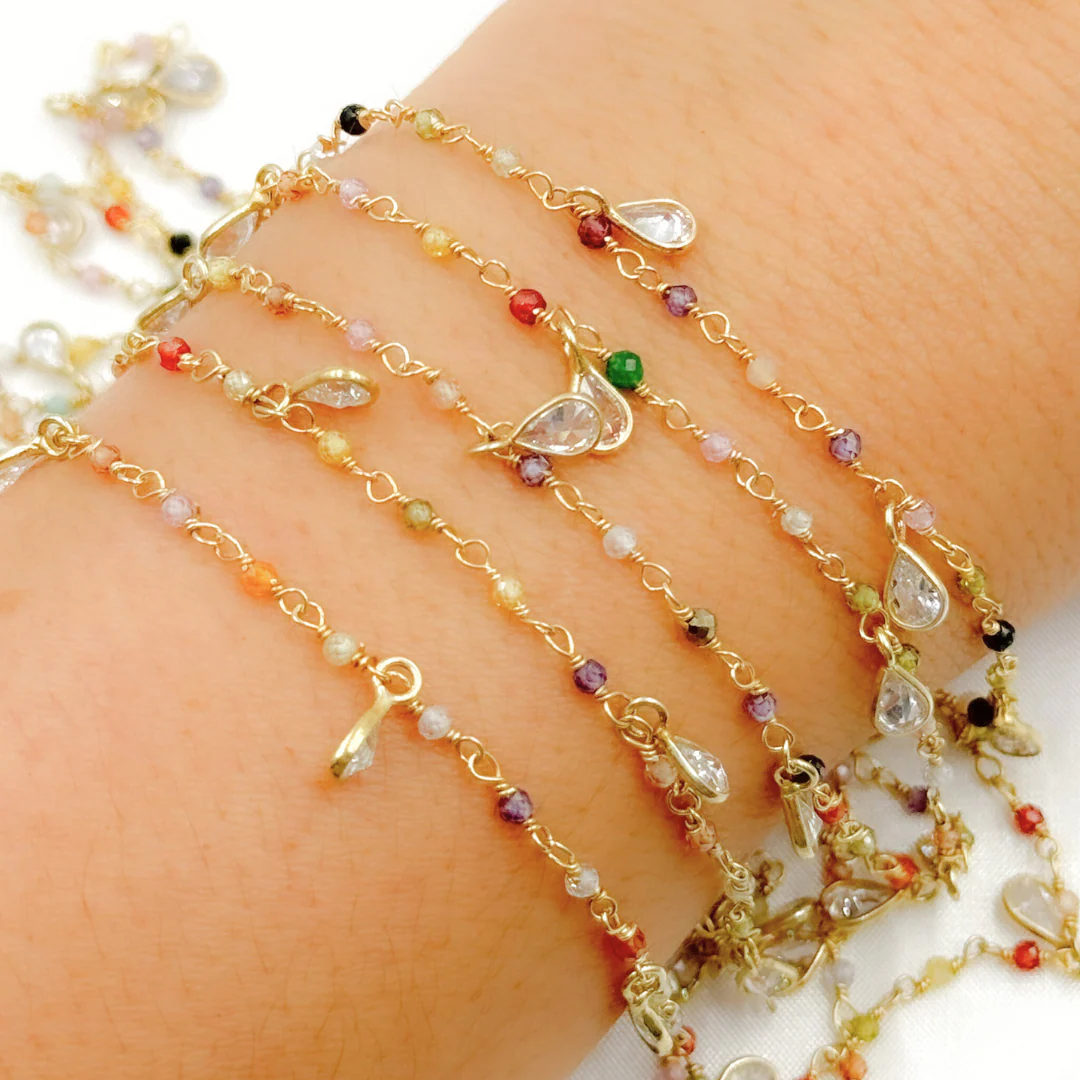MCZ3. Multi Color Cubic Zirconia & CZ Dangle Gold Plated Wire Chain - Image 3