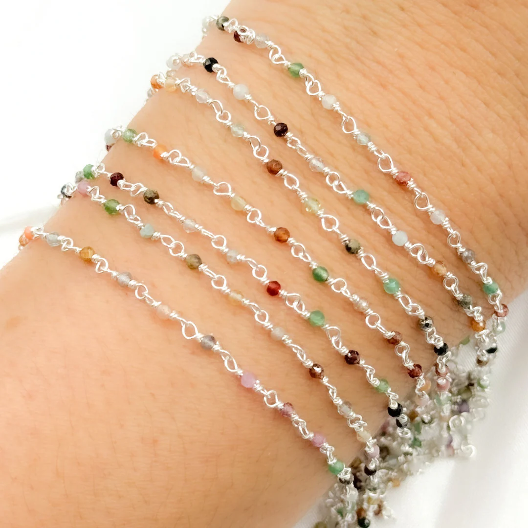 MGS24. Multi Gemstone White Sterling Silver Wire Chain - Image 3