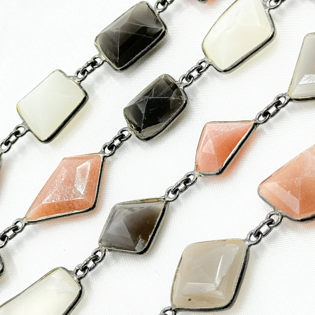 Multi Moonstone Organic Shape Bezel Oxidized Silver Wire Chain. MMS1 - Image 4
