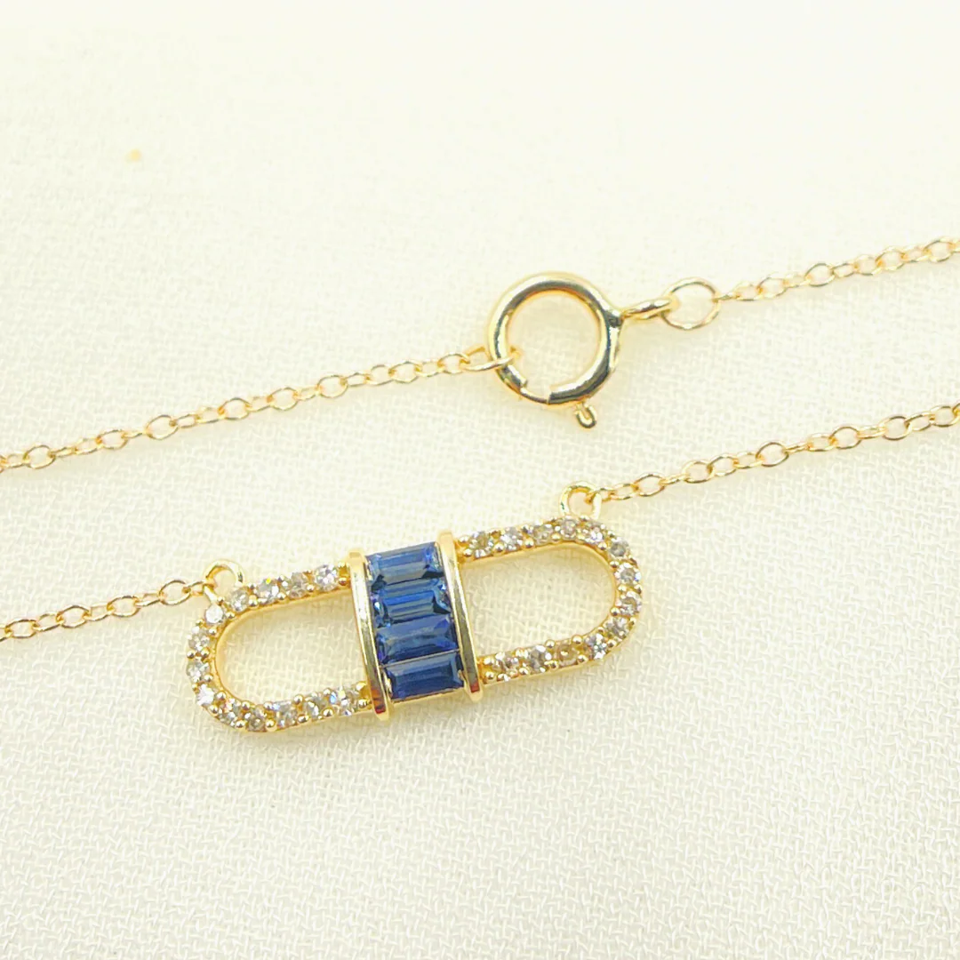 NFB70796. 14k Solid Yellow Gold, Diamonds & Precious Stones Cable Link Marquise Necklace - Image 5