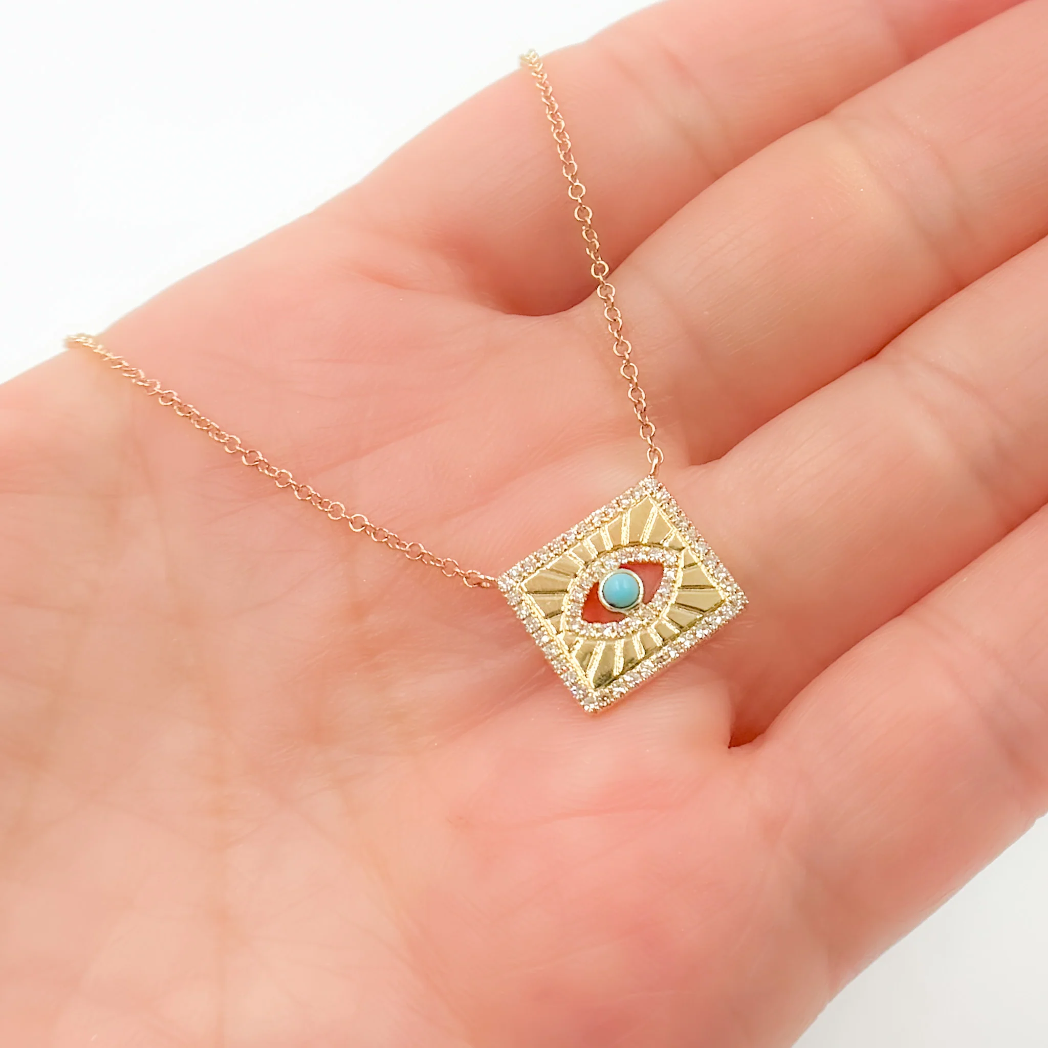 NFC72324TQ. 14k Solid Gold Diamond and Turquoise Evil Eye Necklace - Image 3