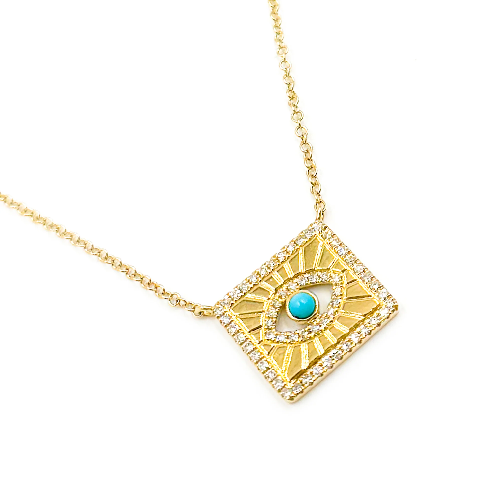 NFC72324TQ. 14k Solid Gold Diamond and Turquoise Evil Eye Necklace - Image 4