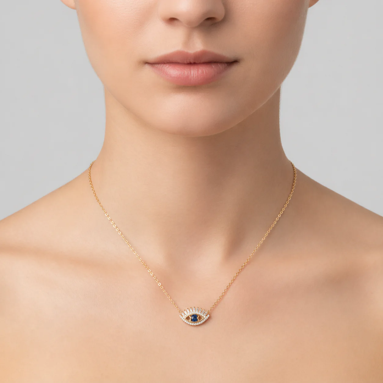 NFD70803. 14k Solid Yellow Gold, Diamonds & Precious Stones Cable Link Evil Eye Necklace - Image 3