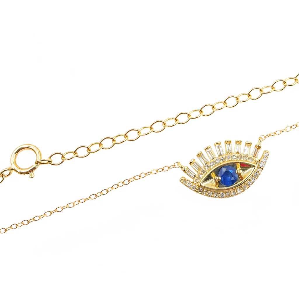 NFD70803. 14k Solid Yellow Gold, Diamonds & Precious Stones Cable Link Evil Eye Necklace - Image 4