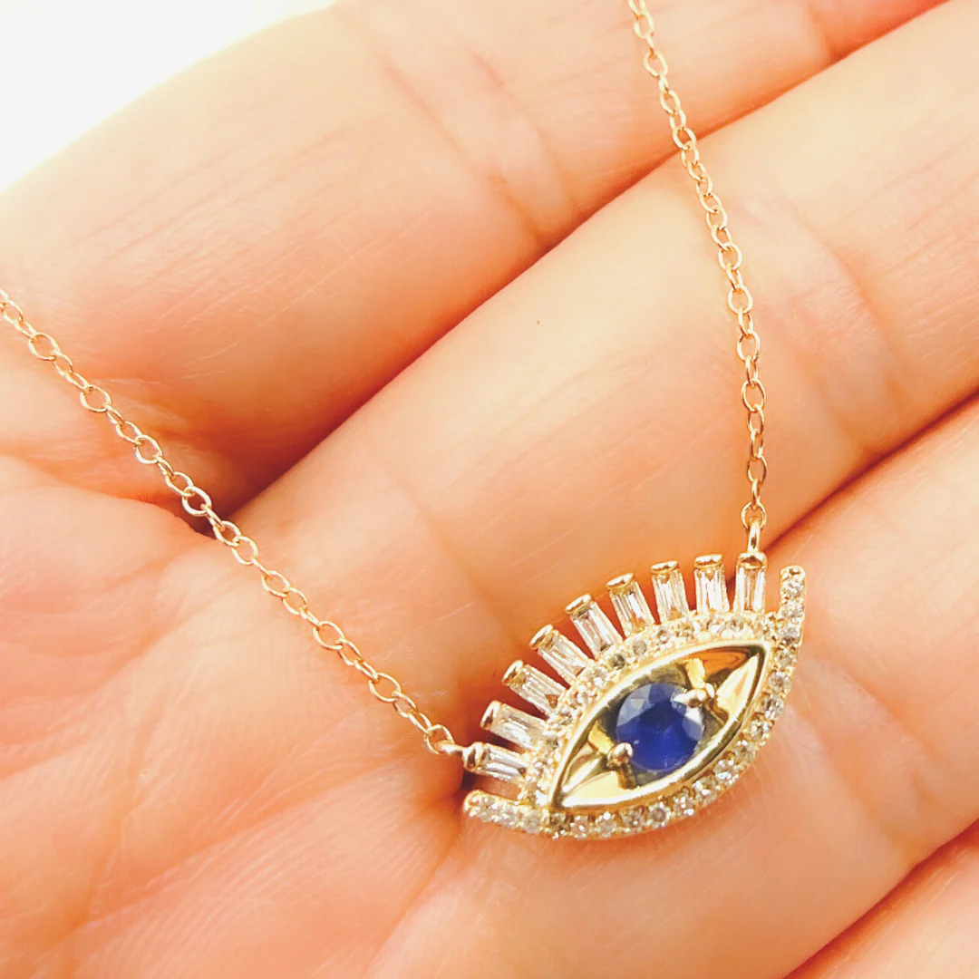 NFD70803. 14k Solid Yellow Gold, Diamonds & Precious Stones Cable Link Evil Eye Necklace - Image 5