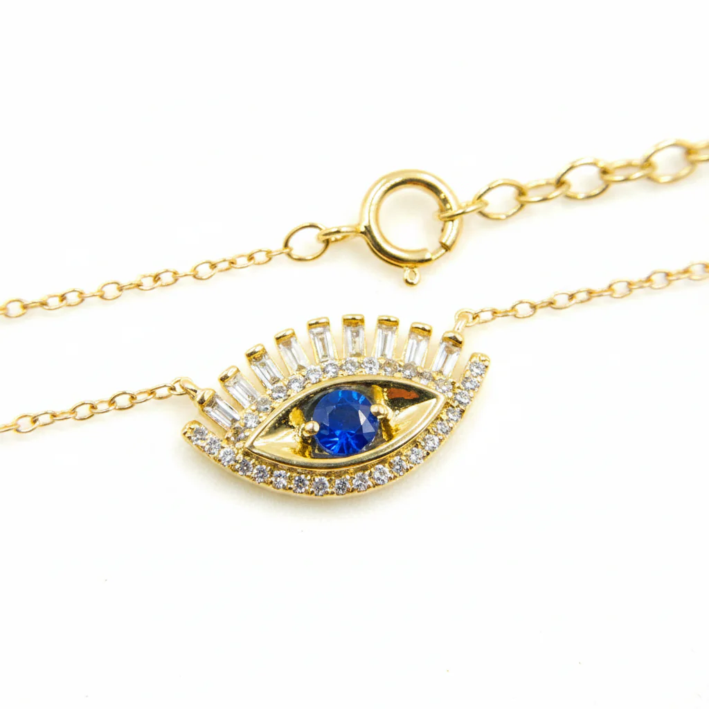 NFD70803. 14k Solid Yellow Gold, Diamonds & Precious Stones Cable Link Evil Eye Necklace - Image 6