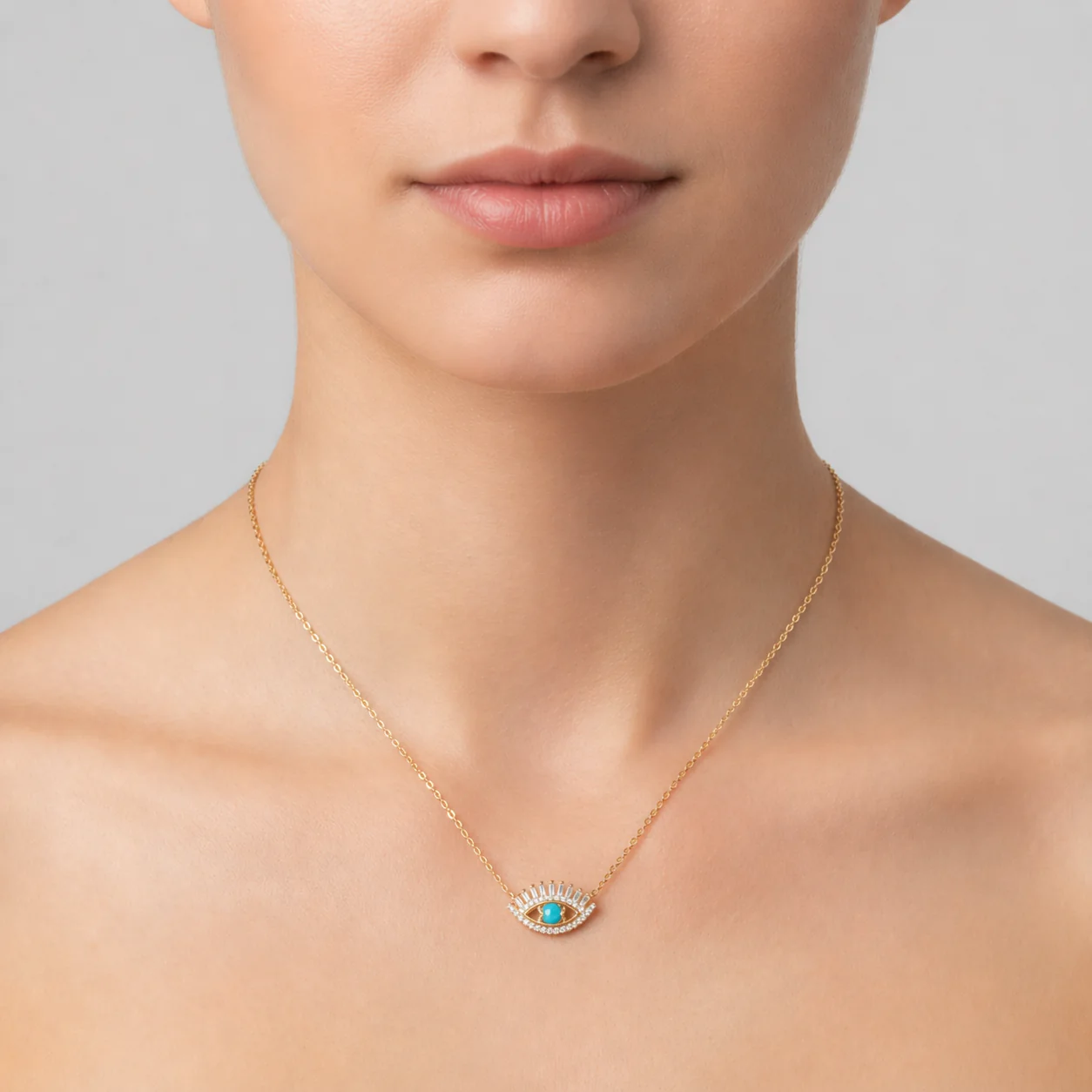 NFD70803. 14k Solid Yellow Gold, Diamonds & Precious Stones Cable Link Evil Eye Necklace - Image 7