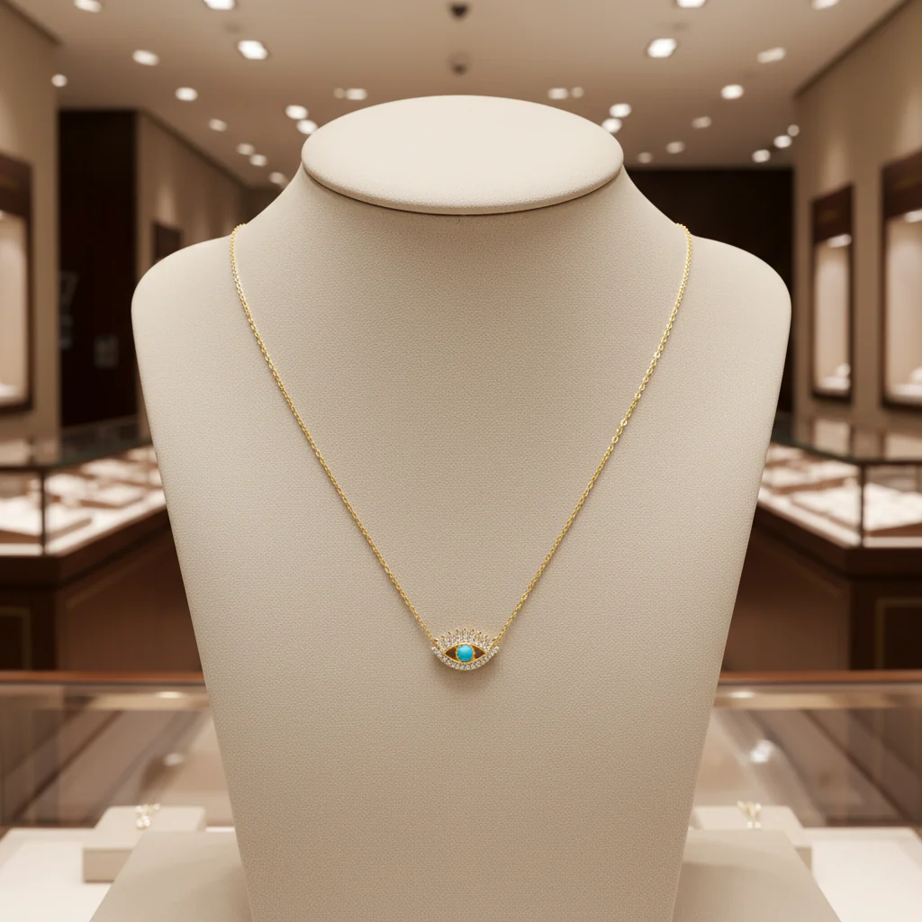 NFD70803. 14k Solid Yellow Gold, Diamonds & Precious Stones Cable Link Evil Eye Necklace - Image 9