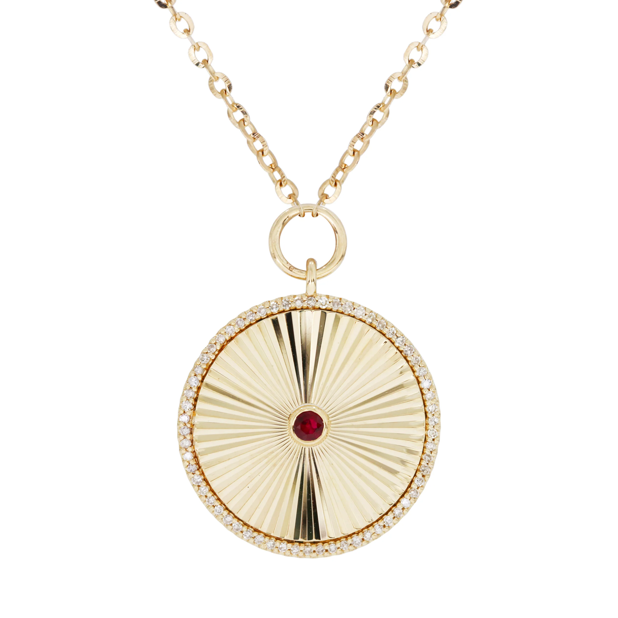 NFD71077WS. 14K Solid Gold Diamond and Ruby Circle Charm