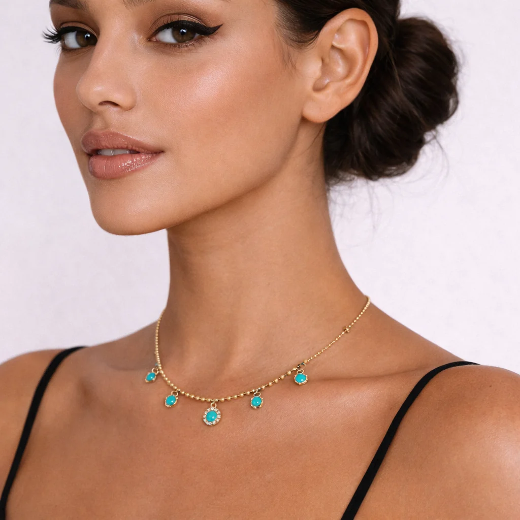 NFE72365. 14K Solid Gold Round Gemstone and Diamond Fancy Necklace
