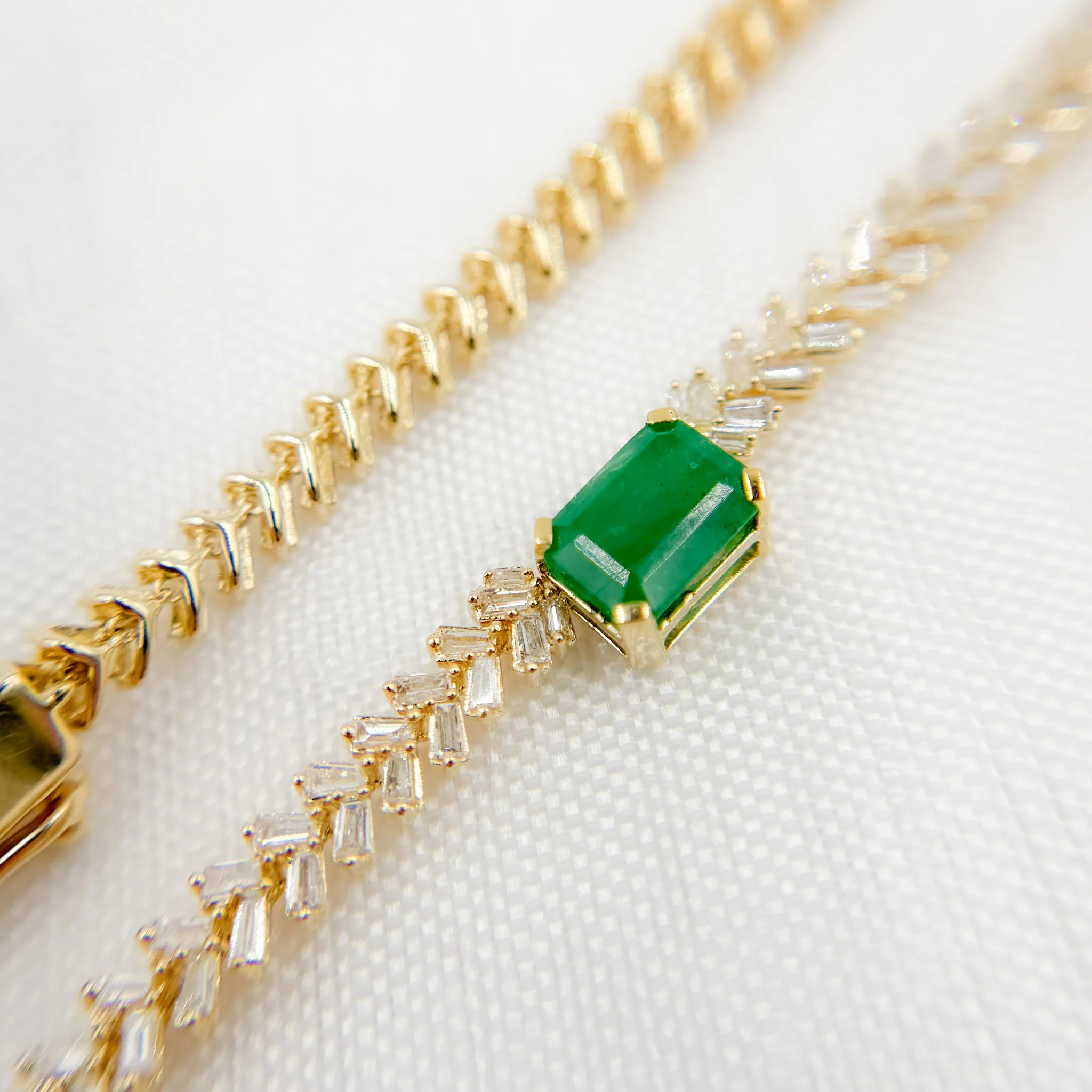 NK402201. 14K Solid Gold Baguette Diamond and Solitaire Emerald Necklace - Image 4