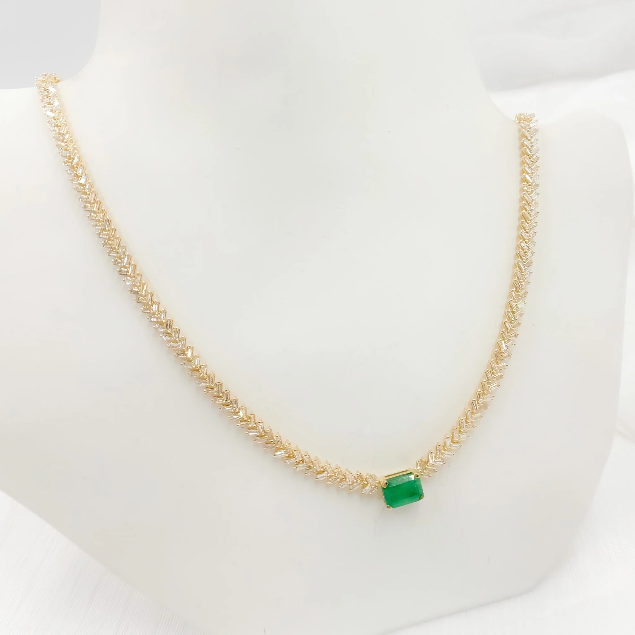 NK402201. 14K Solid Gold Baguette Diamond and Solitaire Emerald Necklace - Image 6