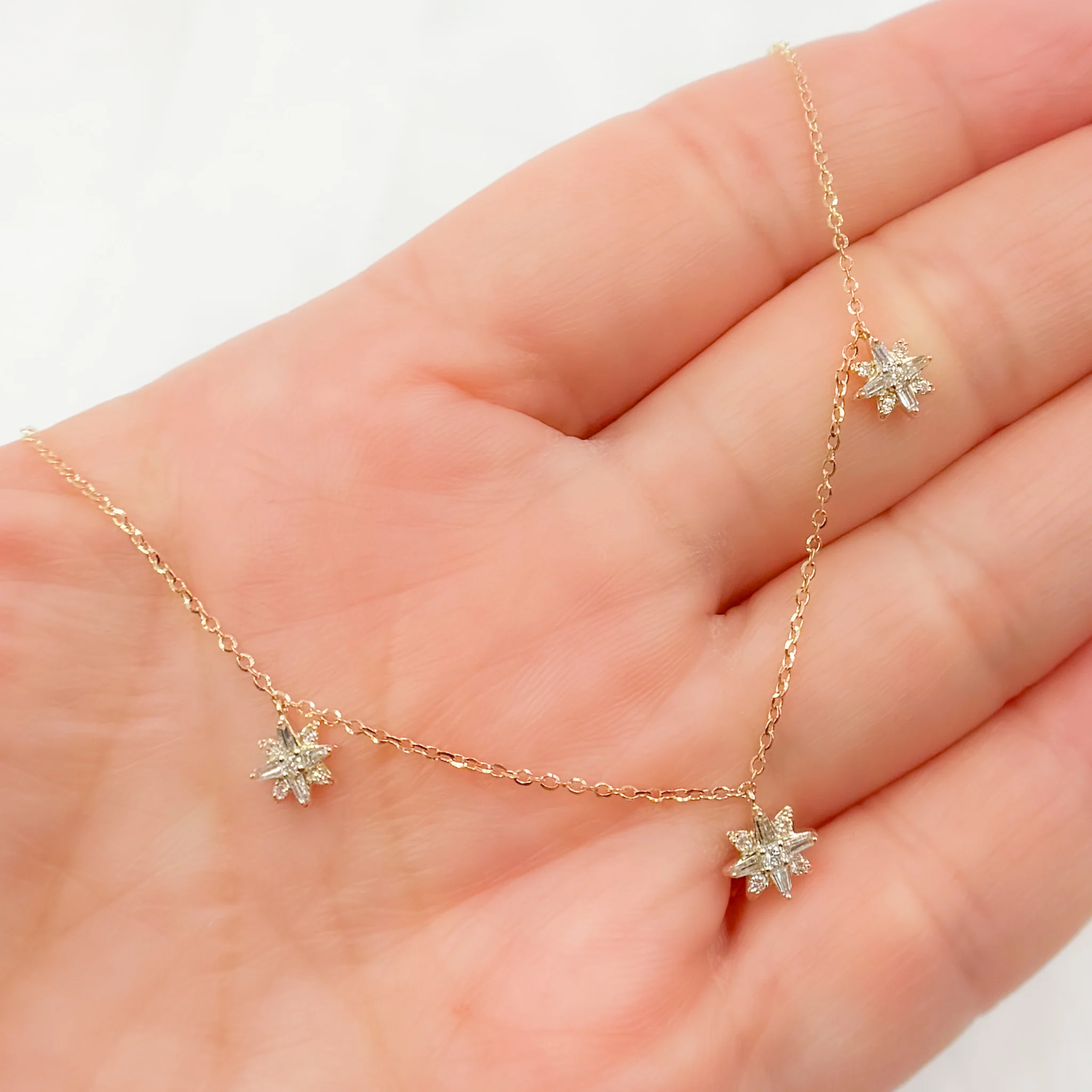 NT406295. 14K Solid Gold 3 Stars Dangle Tiny Necklace - Image 2