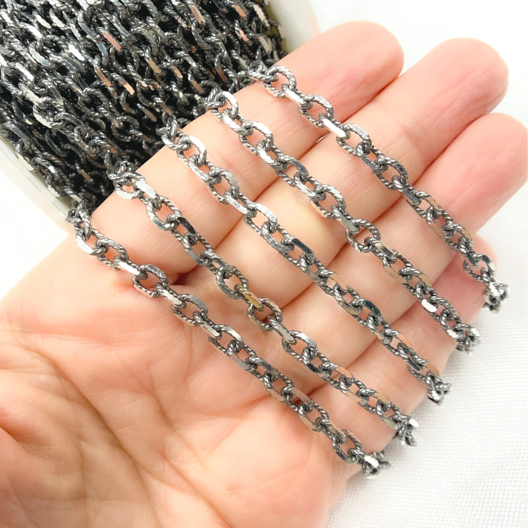 V33OX. Oxidized 925 Sterling Silver Diamond Cut Cable Link Chain