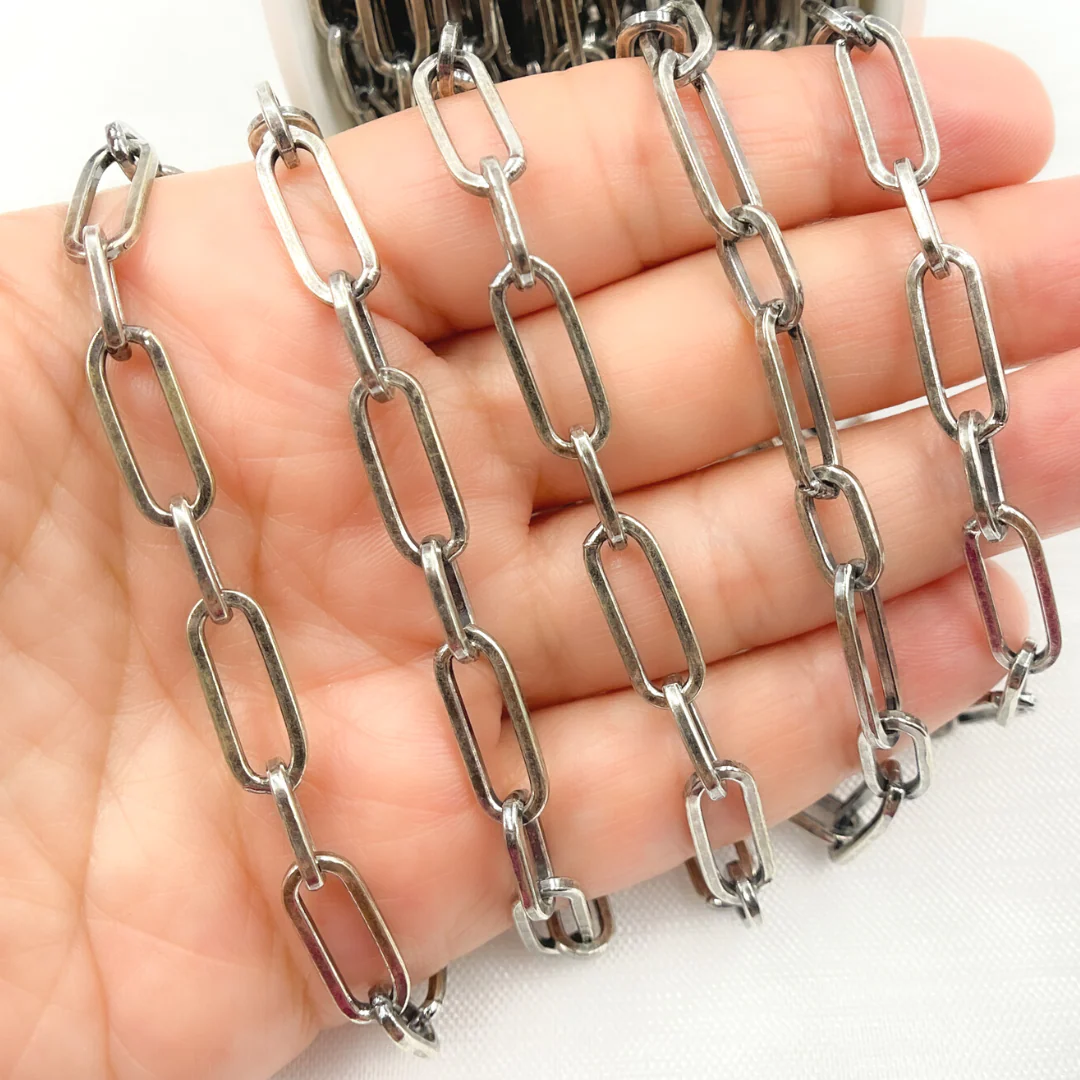 V139OX. Oxidized Sterling Silver Shinny Flat Long and Short Link Chain