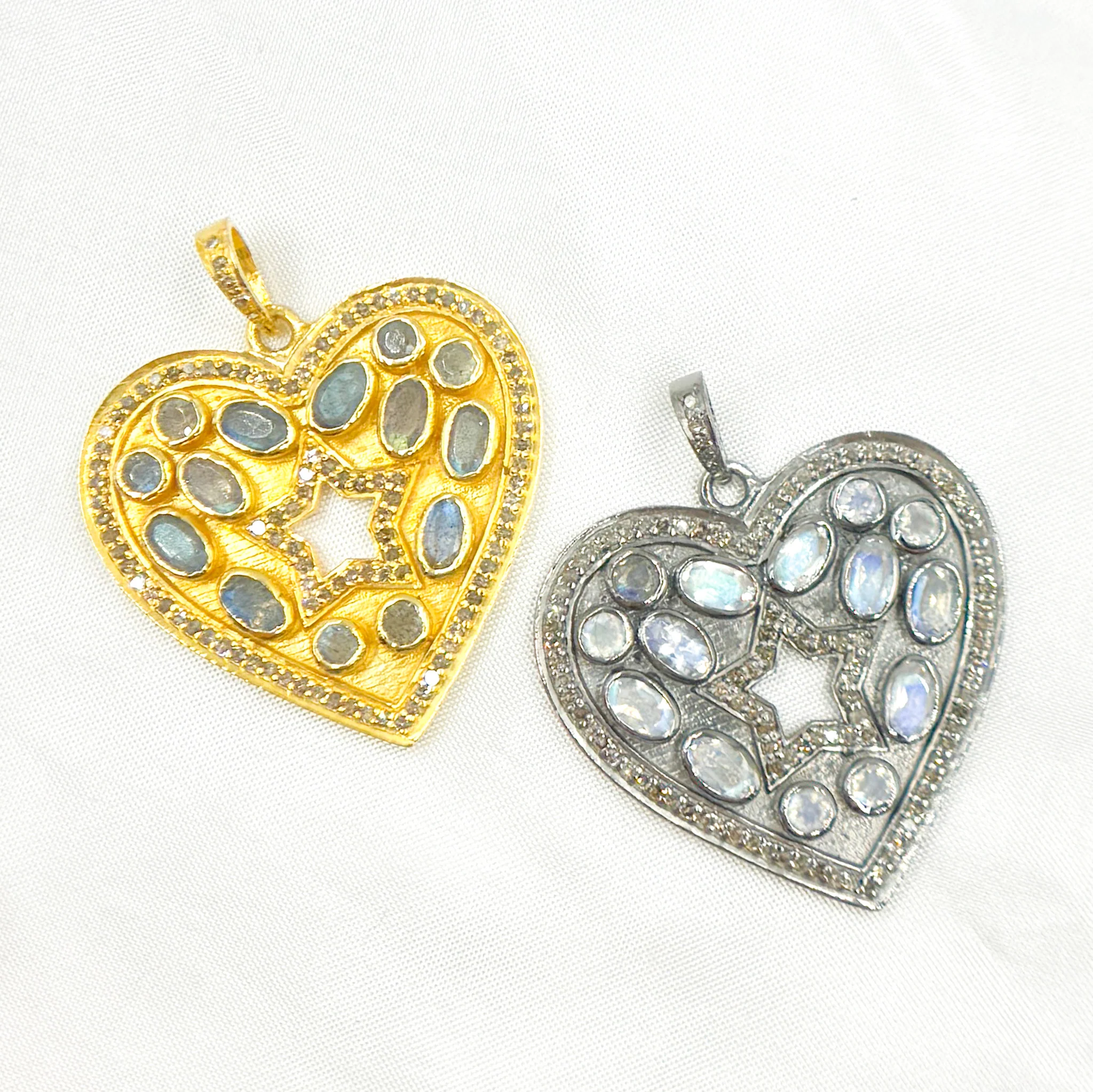 DP391. Diamond & Sterling Silver Heart Pendant with Gemstones and Star in the Center - Image 5