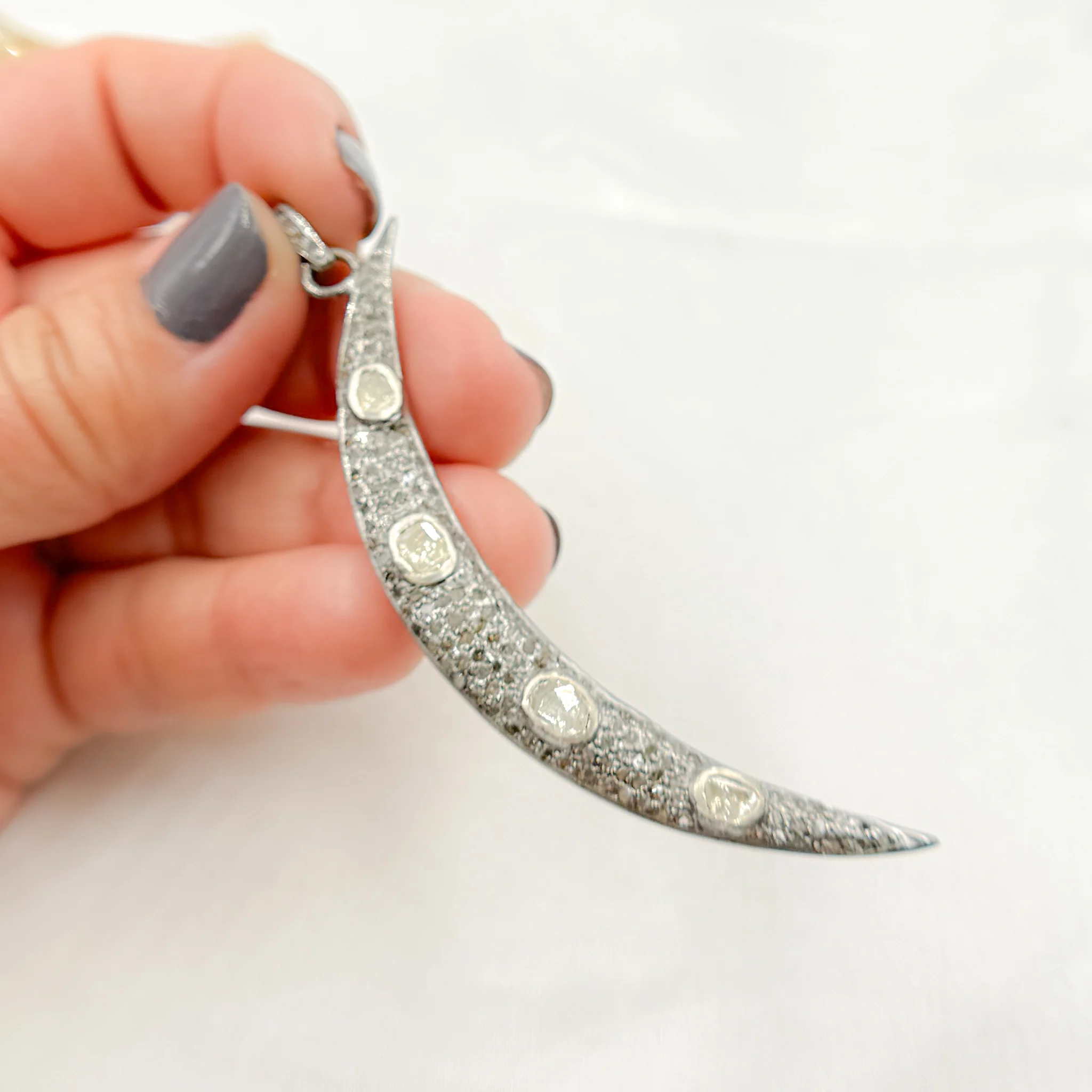 DP144. Diamond Sterling Silver Moon Pendant with Polki Diamond - Image 3