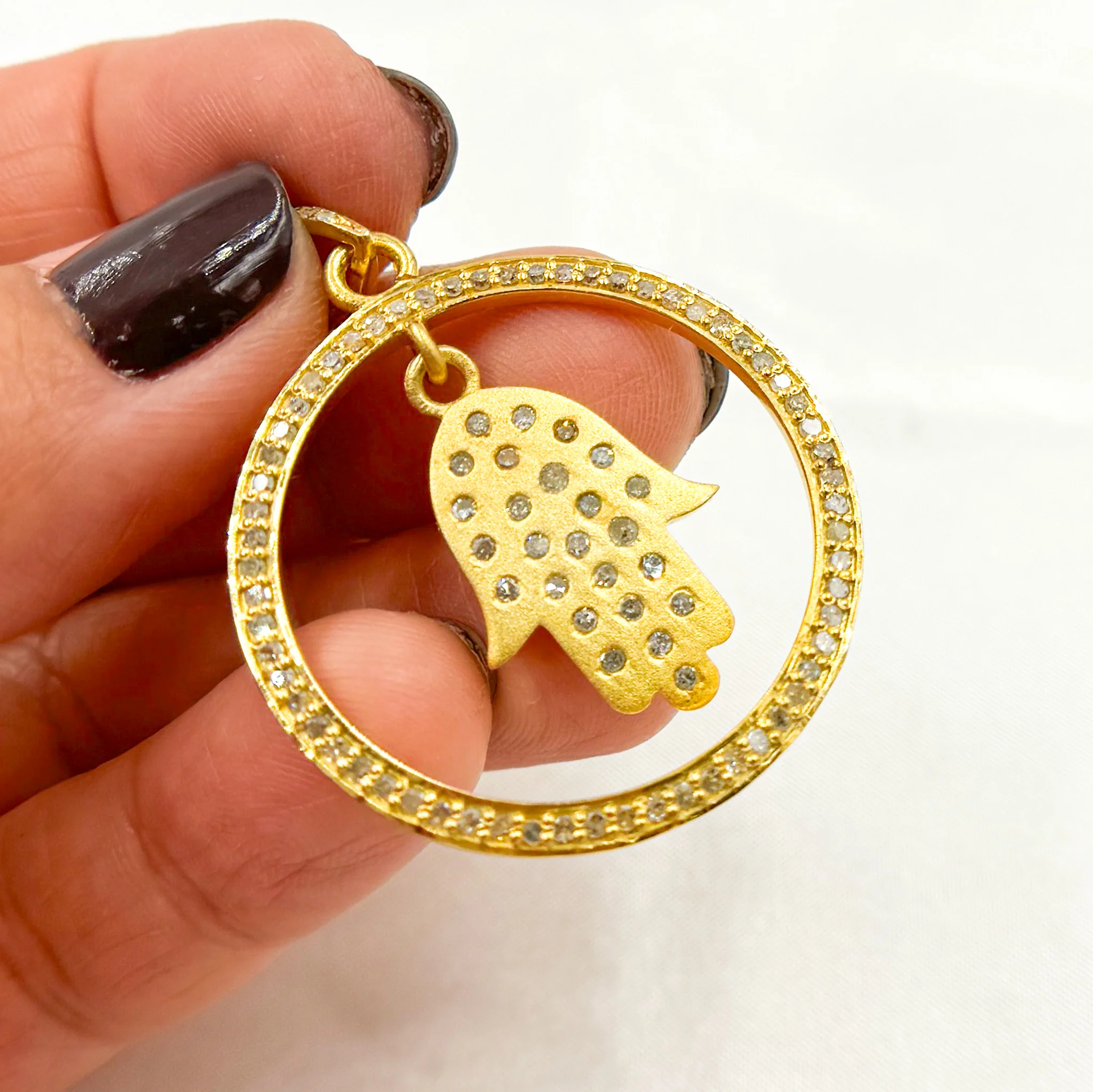 DP449. Diamond Sterling Silver Round Hamsa Pendant - Image 6