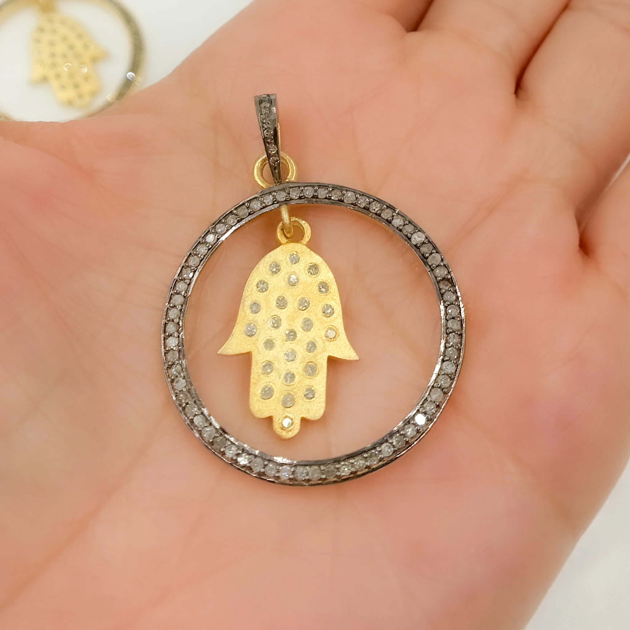 DP449. Diamond Sterling Silver Round Hamsa Pendant - Image 8