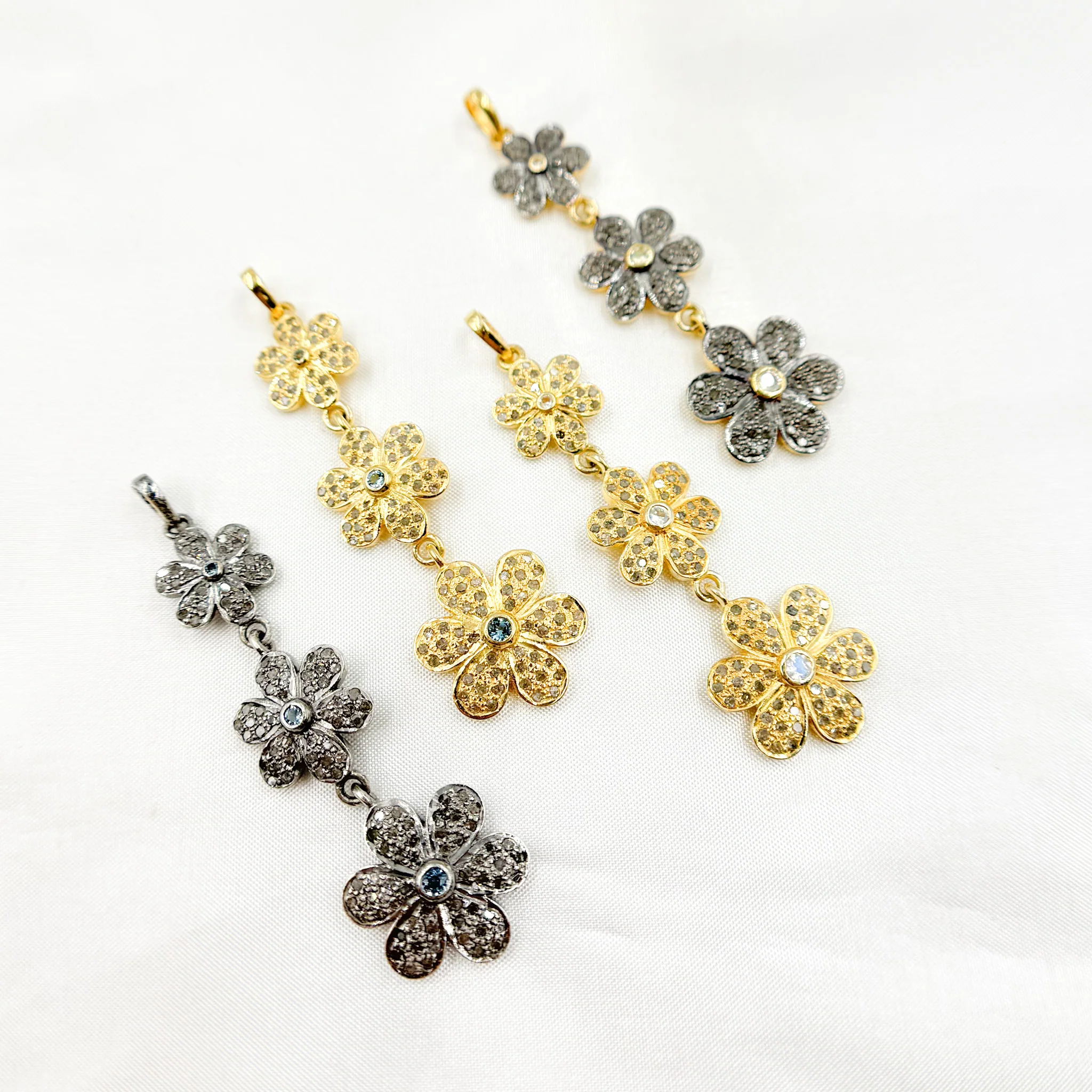 DP216. Diamond Sterling Silver 3 Flower Long Pendant with Gemstone.