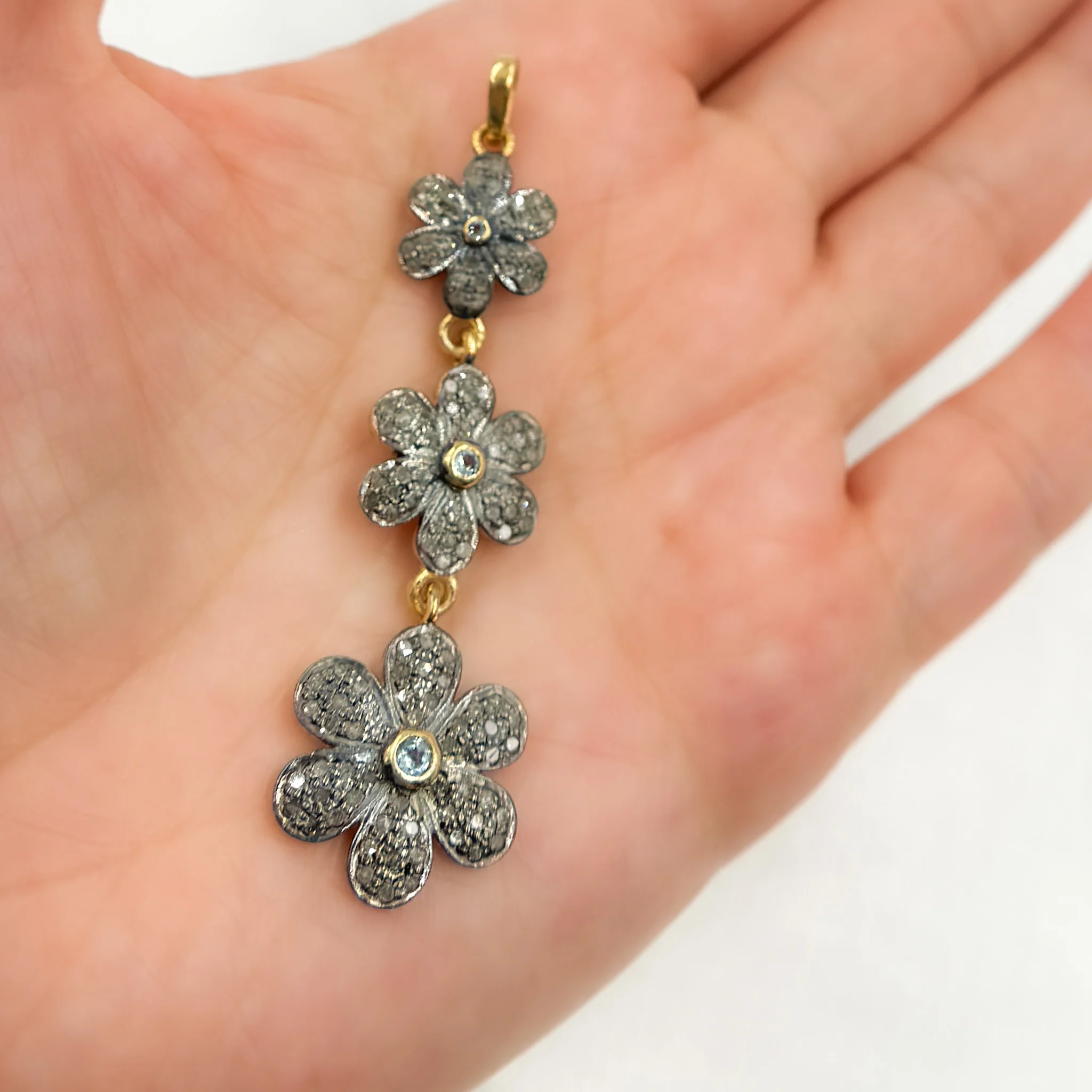 DP216. Diamond Sterling Silver 3 Flower Long Pendant with Gemstone. - Image 2