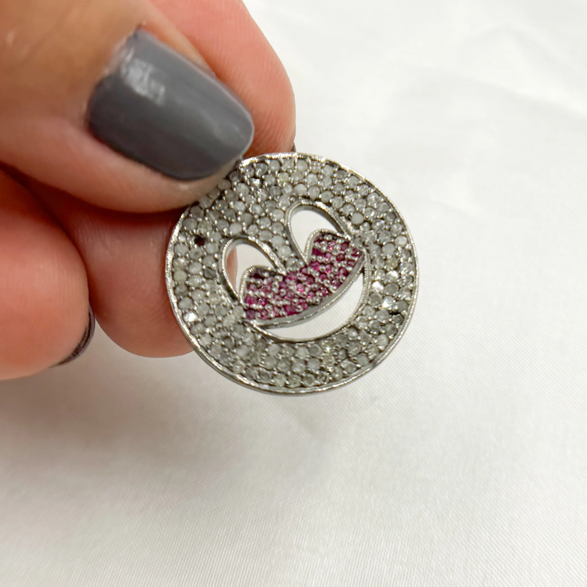 DC043. Diamond Sterling Silver Emoji Pendant with Gemstone - Image 6