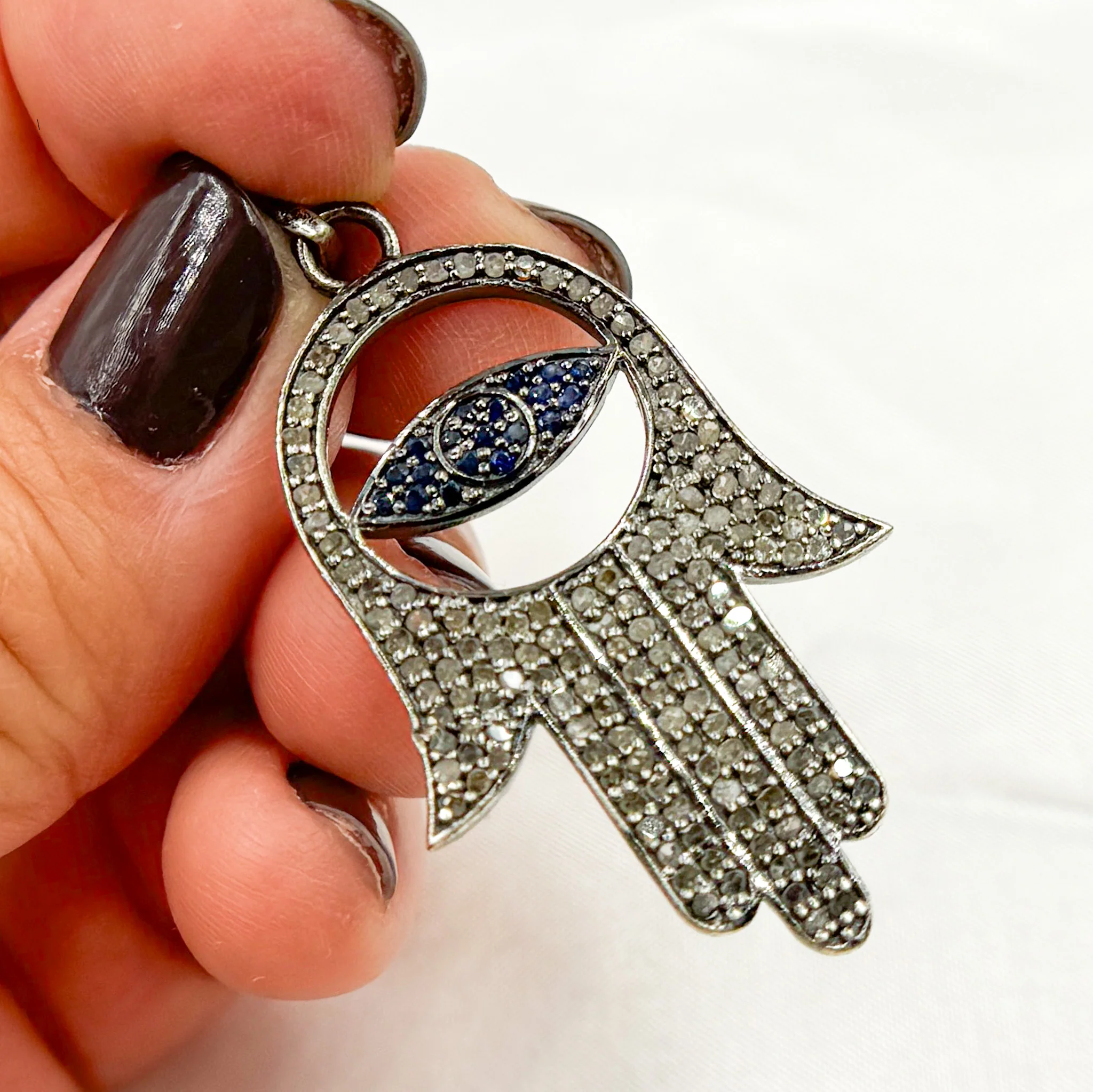 DP049. Diamond Sterling Silver Evil Eye Hamsa Pendant - Image 4
