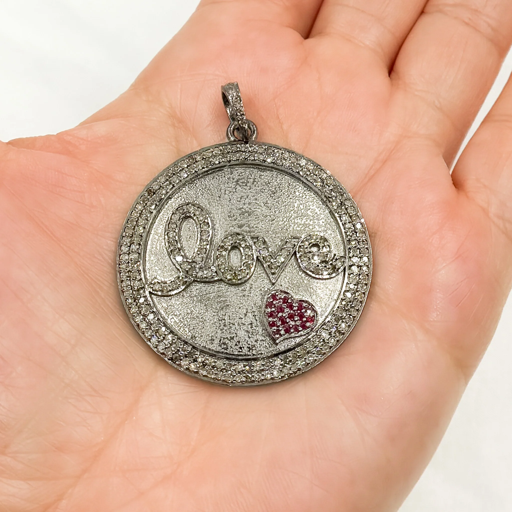 DP500. Diamond Sterling Silver Round Love Pendant with Gemstone Heart - Image 2